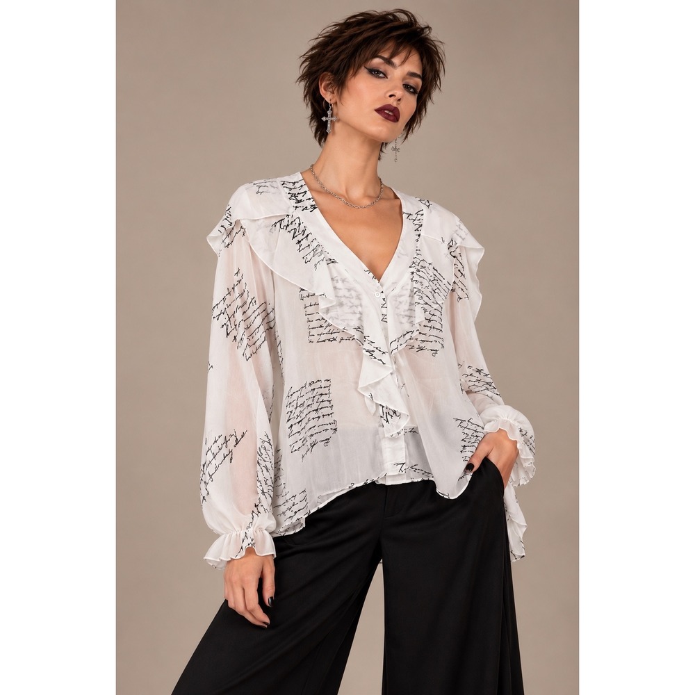 Boutique XL White Script Print Ruffle Blouse Black Text Goth Romantic